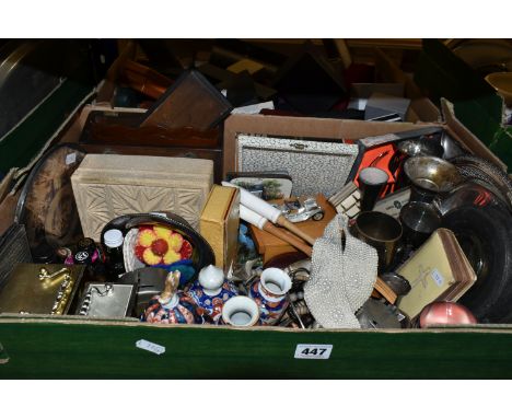 TWO BOXES OF EMPTY JEWELLERY BOXES AND SUNDRY ITEMS, to include assorted empty jewellery boxes, some vintage, a faux pearl be