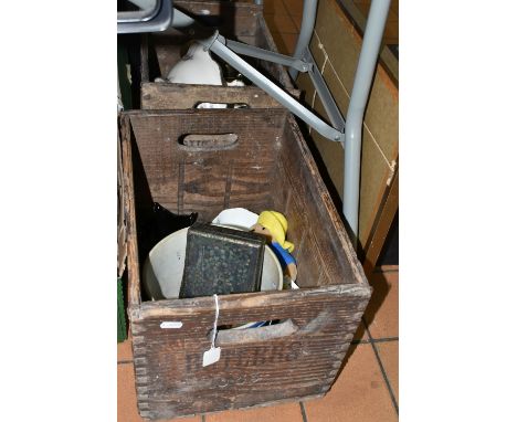 TWO WOODEN 'BUTLERS BEER' CRATES, containing a large Wedgwood blue Jasperware planter, a small WW1 trench art shell case, hei