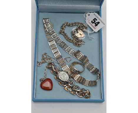 FOUR PIECES OF JEWELERY AND A WRISTWATCH, to include a silver gate bracelet necklace, fitted with a spring clasp, hallmarked 