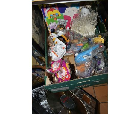 A BOX AND LOOSE TOYS AND SUNDRY ITEMS, to include twenty McDonalds toys in their packaging, including Mr Men, Noddy and Disne