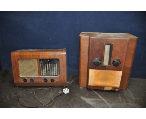 A VINTAGE PYE MODEL P35 VALVE RADIO with a walnut case and a vintage Morphy Richards A48 valve radio (some veneer losses) (bo