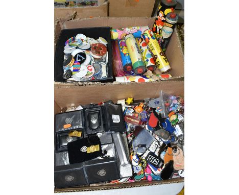 THREE BOXES OF KEYRINGS, BADGES, MONEY CLIPS, BALLOONS, ETC, to include eleven boxed Warner Bros money clips, a collection of