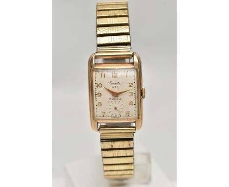 A GENTS 9CT GOLD 'EVERITE' WRISTWATCH, manual wind, tank style case, rectangular dial signed 'Everite U.M', Arabic numerals, 