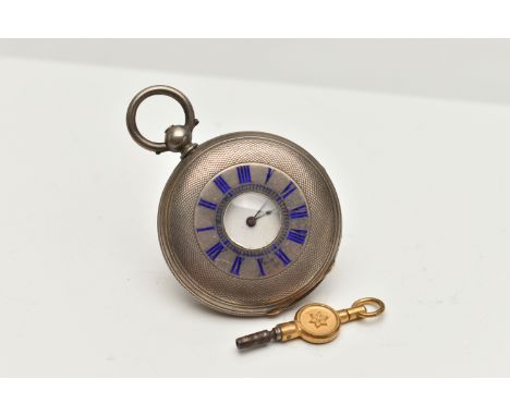 A WHITE METAL HALF HUNTER POCKET WATCH, key wound, blue enamel Roman dial to the case front, white dial, Roman numerals, blue