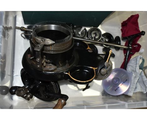 A Restored Vintage Sock Making Machine complete with weights and ribbing attachment, there are no maker's marks visible on th