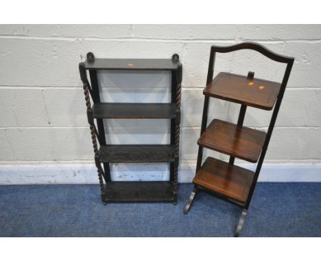 A MAHOGANY THREE TIER CAKE STAND, along with an oak hanging bookshelf (condition report:- oak shelf rickety) (2)