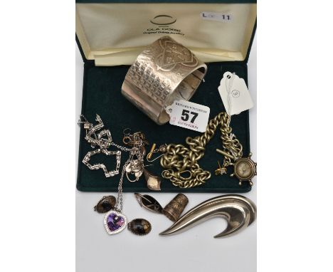 A SILVER HINGED BANGLE AND WHITE METAL JEWELLERY, wide hinged bangle with a floral pattern, hallmarked Chester 1883, approxim