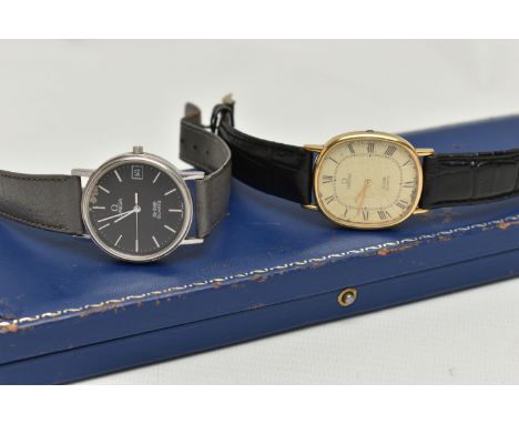 TWO GENTS 'OMEGA QUARTZ' WRISTWATCHES, the first with a round black dial (wear to the dial colour between twelve and one), si