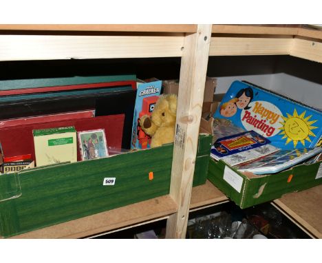 FOUR BOXES OF TOYS AND GAMES, to include a Rowntree's Cocoa School Specimen set containing cocoa beans etc, vintage children'