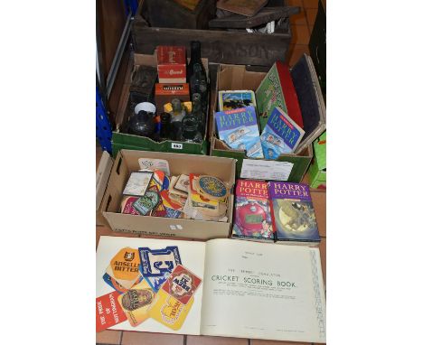 FOUR BOXES OF COLLECTABLE VINTAGE TINS, BOTTLES AND MISCELLANEOUS ITEMS, to include four 1920-1930's cricket scoring books, a