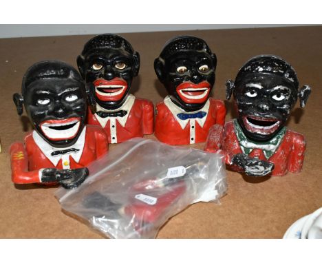 FOUR JOLLY GENTLEMAN STYLE MONEY BOXES, in cast iron and aluminium (4 + arms) (Condition Report: af, two have loose arms, som