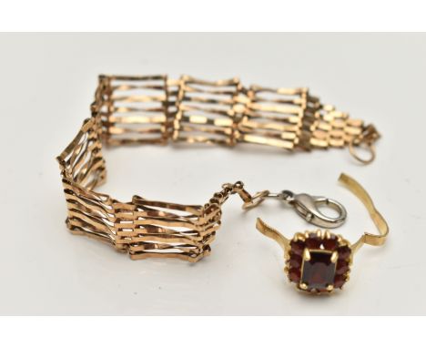A BRACELET AND RING, both AF, to include a yellow metal seven bar gate bracelet, missing original clasp, stamped 375, fitted 