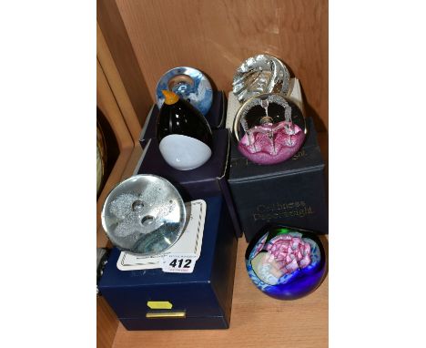 A COLLECTION OF SIX CAITHNESS PAPERWEIGHTS, comprising 'Morning Dew', a Collector's Society 42 'Damask Rose' (missing box), '