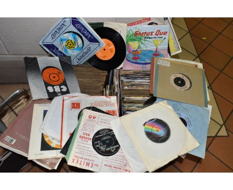 A BOX OF VINYL SINGLES, over three hundred records, artists to include Ian Drury and the Blockheads, Elvis Presley, Debbie Ha