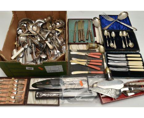 A BOX OF ASSORTED WHITE METAL WARE, to include a boxed 'Viners' cake knife fitted with a kings pattern silver handle hallmark