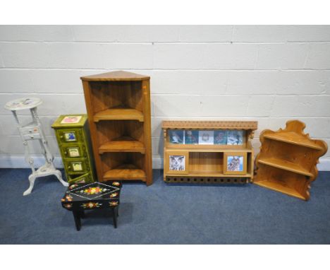 A SELECTION OF OCCASIONAL FURNITURE, to include a wall mounted plate shelving unit, an oak open corner unit, metal storage st