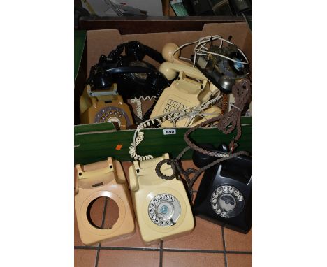 ONE BOX OF SEVEN VINTAGE G.P.O AND B.T TELEPHONES, two cream dial telephones (one broken dial), a plug-in dial 'Trim' phone, 