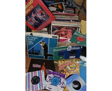 A TRAY AND THREE CASES CONTAINING OVER EIGHTY LPs, ONE HUNDRED AND TWENTY SINGLES and a handful of 78s including The Beatles 
