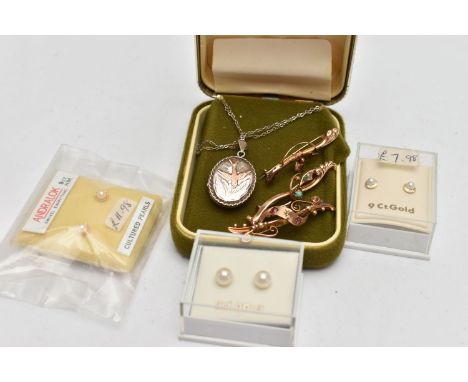 THREE YELLOW METAL BROOCHES, EARRINGS AND A PENDANT NECKLACE, to include a turquoise and seed pearl brooch hallmarked 9ct Che