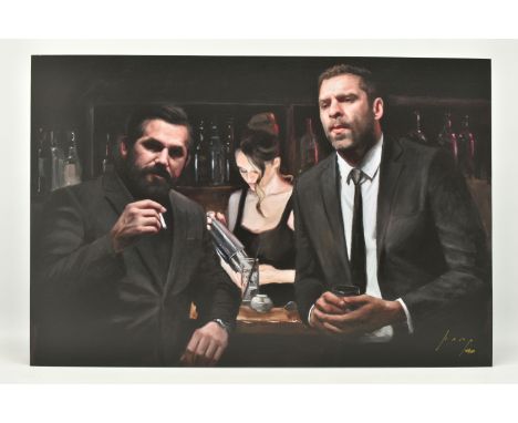 VINCENT KAMP (BRITISH CONTEMPORARY) 'TENSION BUILDING' a signed limited edition print of figures in a bar, 60/150 with certif