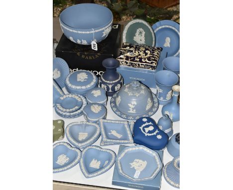 A QUANTITY OF WEDGWOOD BLUE JASPERWARE, comprising a Ronson table lighter, a boxed fruit bowl, a bicentenary celebration 'Cor