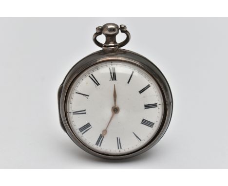 A SILVER PAIR CASED POCKET WATCH, key wound, open face pocket watch, round white dial, Roman numerals, gold tone hands, perso