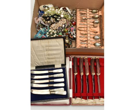 COSTUME JEWELLERY AND CUTLERY SETS, to include beaded necklaces, bracelets, bangles etc, together with a cased set of steak k