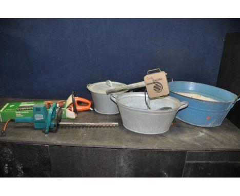 TWO VINTAGE TIN BATHS, a Lidded bucket, a Creda Grenadier heat blower and two untested hedge trimmers (largest bath length 59