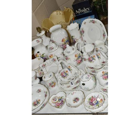 A LARGE QUANTITY OF AYNSLEY 'HOWARD SPRAYS' PATTERN TEAWARE, LAMPS AND VASES, to include a boxed  octagonal vase, ginger jar,