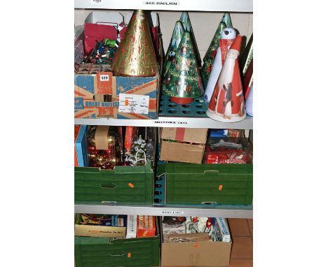 FIVE BOXES OF VINTAGE AND MODERN CHRISTMAS DECORATIONS AND ORNAMENTS, to include vintage and modern baubles and fairy lights,