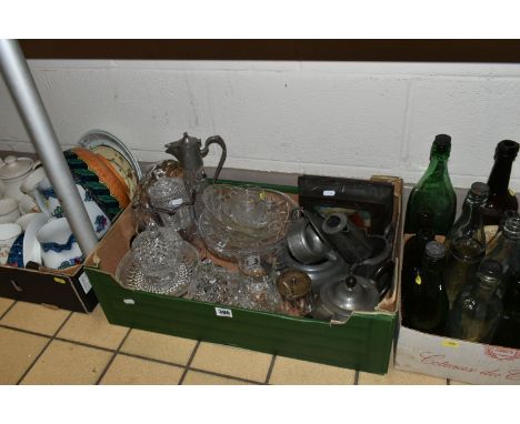 THREE BOXES AND LOOSE VINTAGE BOTTLES, PEWTER, GLASSWARE, CERAMICS, ETC, including a 1911 Burton -on-Trent Souvenir Co-operat
