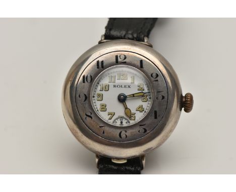 A GENTS WWI SILVER HALF HUNTER 'ROLEX' TRENCH WRISTWATCH, manual wind, outer case with a black Arabic numeral dial, push butt