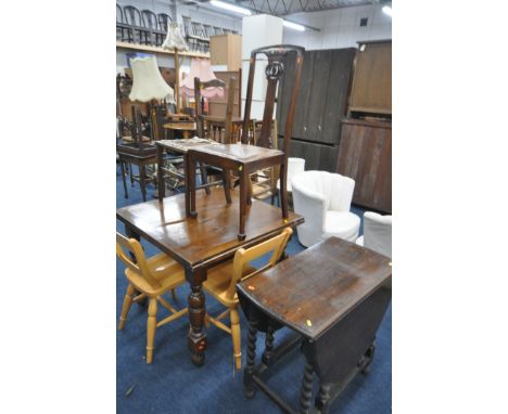 AN OAK DRAW LEAF TABLE, 90cm squared x height 76cm, four various chairs, and an oak barley twist gate leg table (condition re
