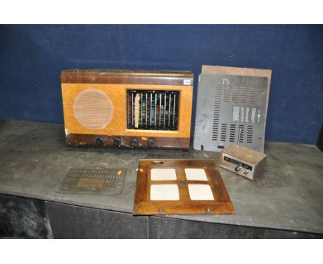 A VINTAGE PYE PE41 VALVE RADIO (evidence of woodworm in case UNTESTED) and various spare back panels