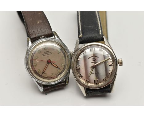 TWO VINTAGE HAND WOUND WRISTWATCHES ON STRAPS, to include a Favre-Leuba Sea-King, silver mirrored dial with patterned markers