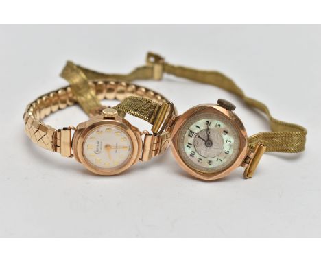 TWO 9CT GOLD CASED WRISTWATCHES, two ladys watches, the first AF, manual wind, round mother of pearl dial, Arabic numerals, b