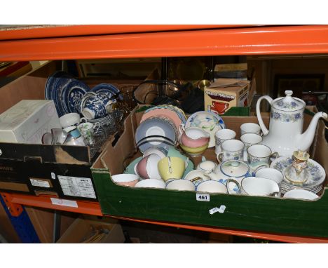 THREE BOXES OF TEAWARE AND SUNDRIES, to include a Paragon 'Cherwell' pattern coffee set, a Royal Doulton 'Poppy Eyebright' DB