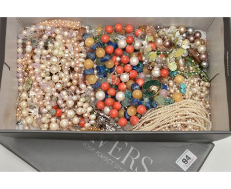 A BOX OF ASSORTED JEWELLERY, to include five semi-precious gemstone necklaces, gemstones to include lapis lazuli, turquoise, 