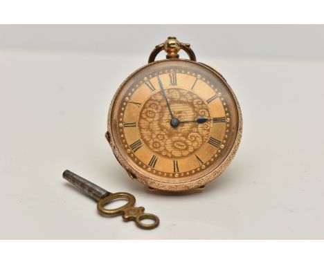 A LADYS OPEN FACE POCKET WATCH, key wound, round gold floral dial, Roman numerals, blue steel hands, within a floral detailed