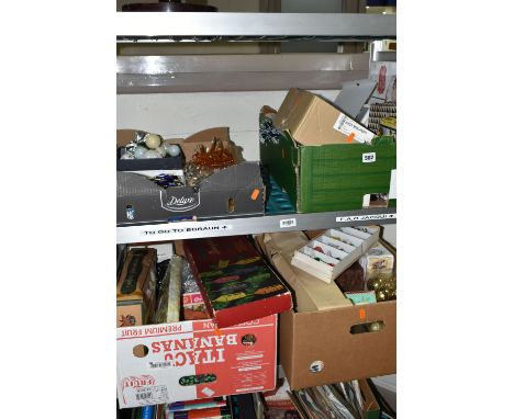 FOUR BOXES OF CHRISTMAS DECORATIONS, to include vintage baubles, lights and other decorations, some modern novelty tree decor