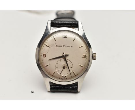 A GENTS 'GIRAD-PERREGAUX' WRISTWATCH, manual wind, round silver dial signed 'Girad Perregaux' Arabic twelve, tree, six and ni