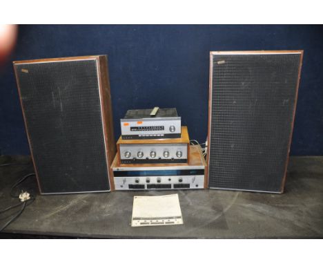 VINTAGE LEAK AUDIO EQUIPMENT comprising a pair of Sandwich speakers (one red rear plate, one chromed plate, both woofers have