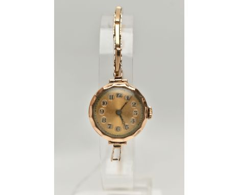A MID 20TH CENTURY, 9CT GOLD LADYS WRISTWATCH, manual wind, round bi-colour dial, Arabic numerals, blue steel hands, in a pol