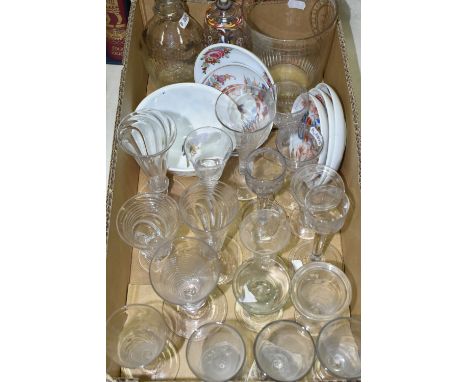 A COLLECTION OF 18TH AND 19TH CENTURY GLASSWARE, including an ogee shaped glass with floral etched bowl, a cup shaped glass w