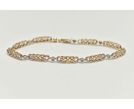 A 9CT GOLD DIAMOND LINE BRACELET, designed with a series of Celtic pattern open work links, interspaced with small single cut