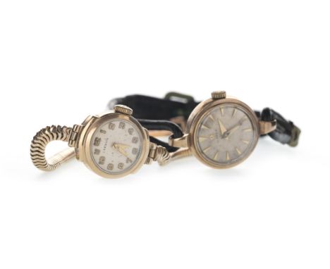 LADY'S OMEGA NINE CARAT GOLD MANUAL WIND WRIST WATCH, the round cream dial with applied wedge hour markers, 19mm case, on a b