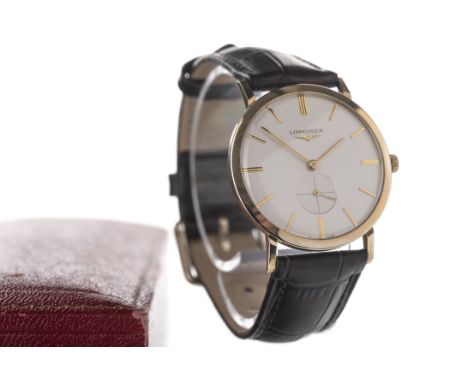 GENTLEMAN'S LONGINES NINE CARAT GOLD MANUAL WIND WRIST WATCH, the round cream dial with applied gold coloured baton hour mark