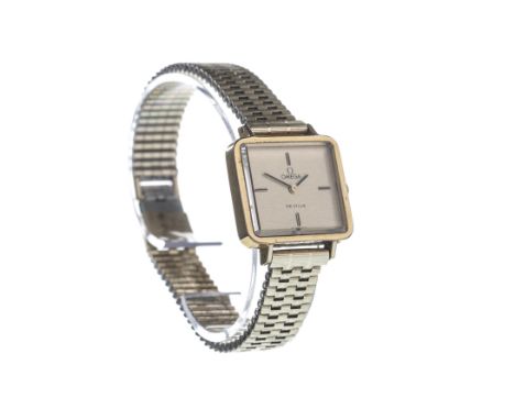 LADY'S OMEGA DE VILLE GOLD PLATED MANUAL WIND WRIST WATCH, the square gold coloured dial with baton hour markers at 3, 6, 9 a