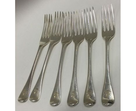 A set of six OE pattern silver dissert forks. London. By CV. Approx. 216 grams. Est. £100 - £150.