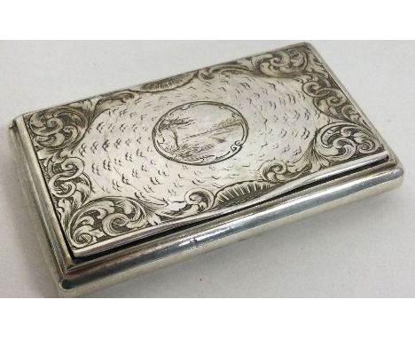 A novelty Victorian silver hinged snuff box with engraved river scene. Approx. 55 grams. Est. £300 - £500.